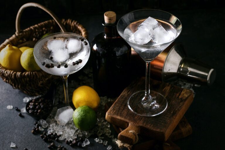 Zwei fertig gemixte Drinks mit Eis, Zitrusfrüchten und Barwerkzeug auf dunklem Untergrund.